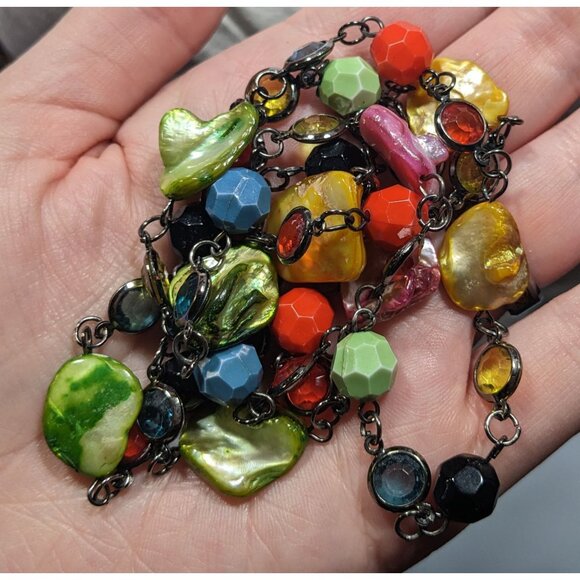 Candycore Rainbow Shell And Gem Beaded Necklace - Picture 3 of 6